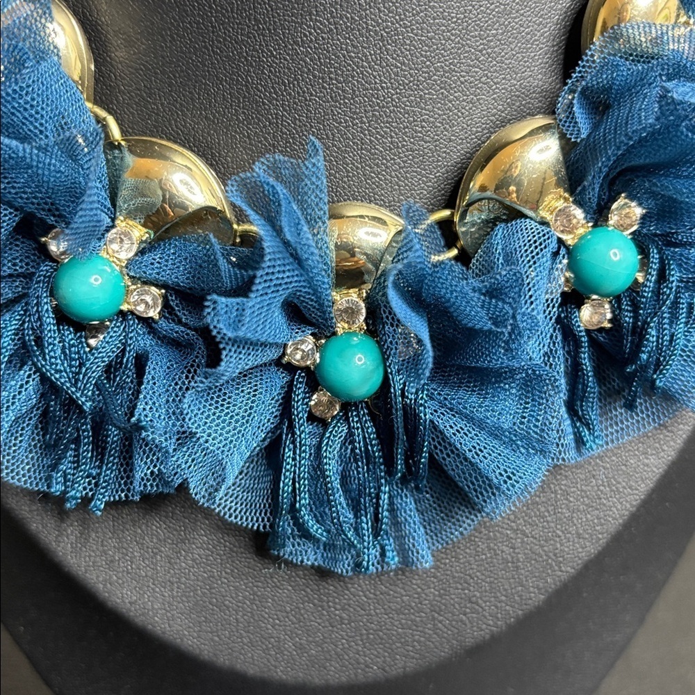 SUGARFIX BLUE Tutu LACE FLOWERS Rhinestone Statement BIB NECKLACE Gold Tone - Picture 2 of 8